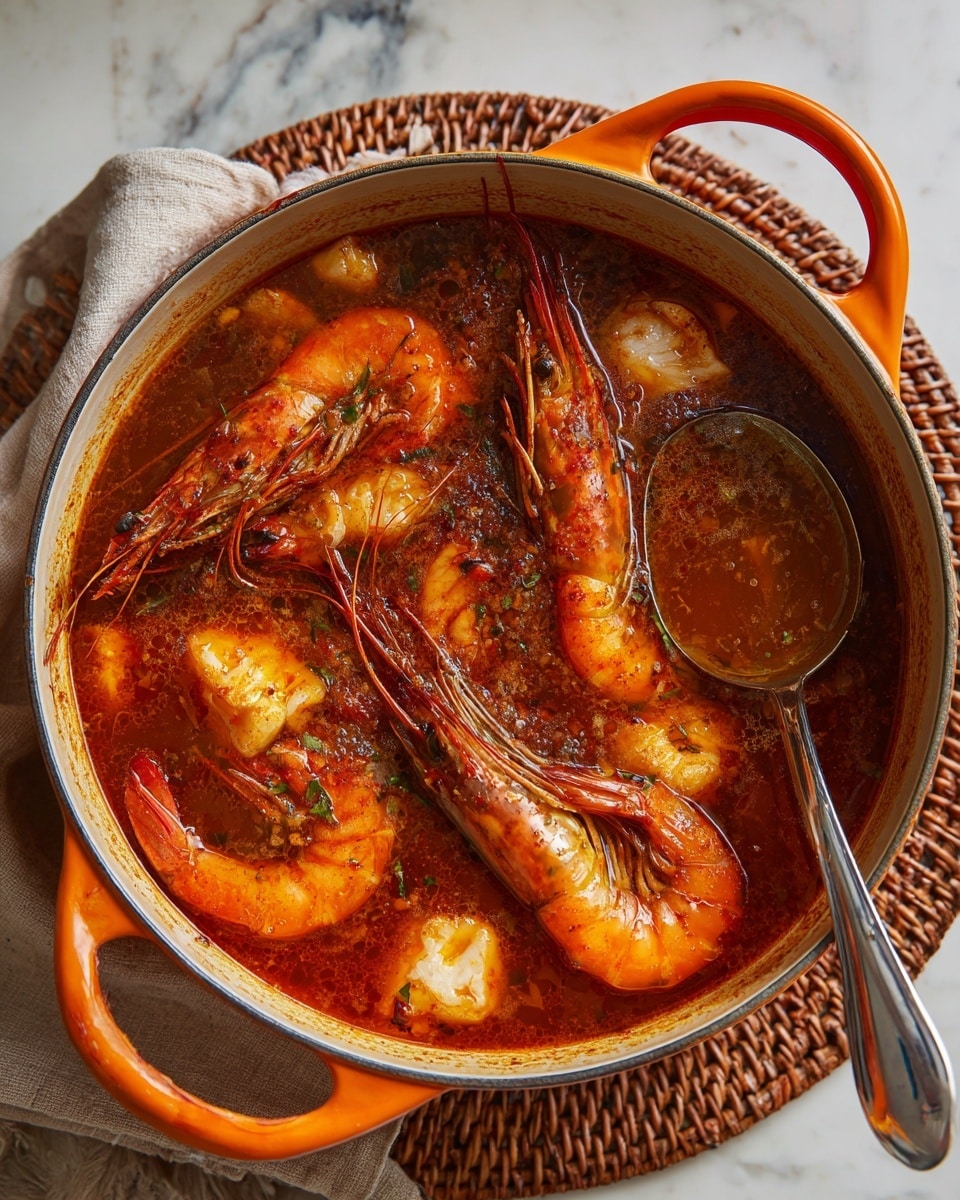 A metal bowl filled with a thick orange seafood stew with visible textures of herbs sprinkled on top. Inside the stew are two bright orange langoustines placed near the center, several pieces of white fish and scallops, and two black mussels with orange flesh inside. The bowl sits on a metal tray with a torn white baguette on the side and scattered pieces of bread near the top left. To the top right of the tray is a clear glass bottle with yellow olive oil and a green glass cup filled with olive oil. A spoon and a knife with gray handles rest on the right side of the tray. The entire setup is placed on a white marbled surface with some chopped herbs spread lightly around. Photo taken with an iphone --ar 4:5 --v 7