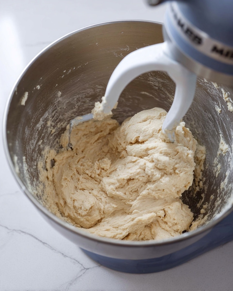 A close-up image shows a metal mixing bowl containing pale beige dough being mixed by a white dough hook attached to a stand mixer. The dough looks soft and sticky, with a slightly rough texture and some folds on its surface. The metal bowl has some dough remnants stuck on its sides. The entire bowl is placed on a white marbled countertop. Photo taken with an iphone --ar 4:5 --v 7