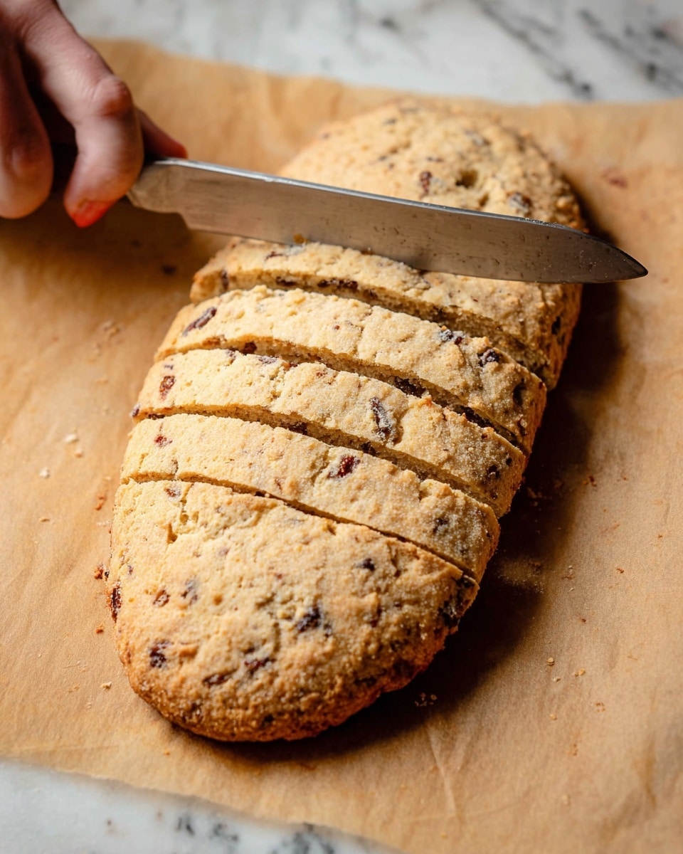 A large oval-shaped baked good with a golden brown crust and a slightly rough texture is being sliced with a knife by a woman's hand. The baked item is resting on parchment paper with a light brown shade on a white marbled surface. The inside shows small bits of darker ingredients, likely nuts or dried fruit, scattered throughout. The knife cuts diagonally, creating evenly spaced thick slices. Photo taken with an iphone --ar 4:5 --v 7