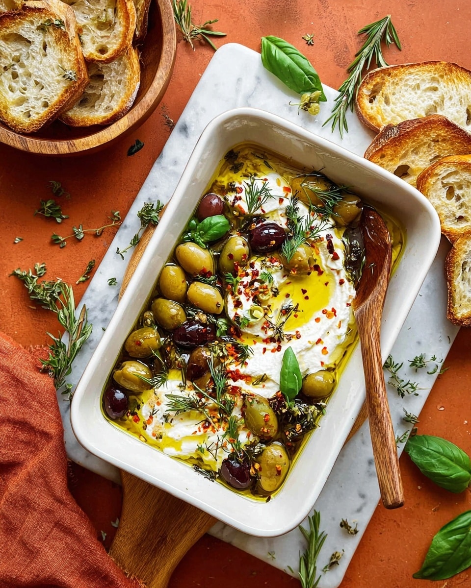 Two slices of toasted bread sit on a white plate, each with three layers. The bottom layer is golden toasted bread with a slightly crunchy texture. On top is a thick, creamy white spread. The last layer consists of mixed green and black olives, some sliced and some whole, along with small pieces of herbs. Fresh green basil leaves and sprigs of dill surround the bread on the plate. The plate rests on a white marbled surface, and there are extra toasted bread pieces blurred in the background. Photo taken with an iphone --ar 4:5 --v 7