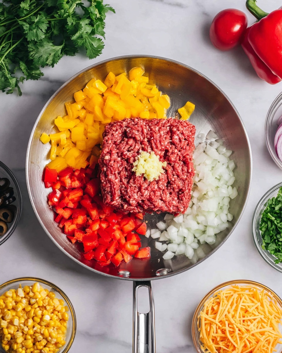 Inside a stainless steel pan with a handle, there are four main layers: a thick, square-shaped raw red meat layer in the center, topped with a small dollop of pale yellow minced garlic and some small white chopped onions; to the top left, a pile of bright yellow diced bell peppers; to the bottom left, a heap of red diced bell peppers; and to the bottom right, a mound of white chopped onions. Around the pan, bowls with fresh green cilantro, red cherry tomatoes, black olives, yellow corn, and shredded orange cheese sit on a white marbled surface. photo taken with an iphone --ar 4:5 --v 7