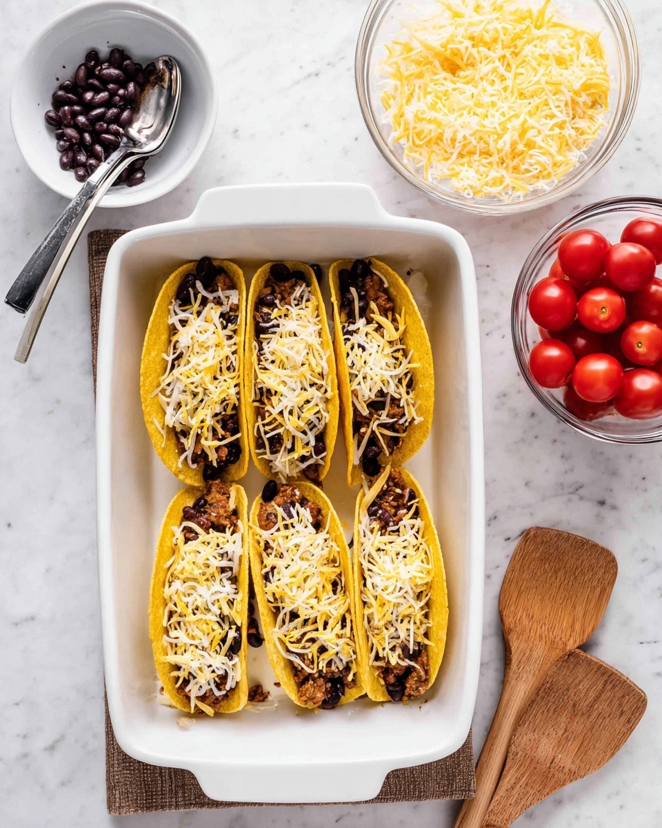 The image shows a white rectangular baking dish with seven yellow taco shells arranged in two rows. Each taco shell is filled with a layer of cooked meat, covered with dark black beans, and topped with a generous amount of shredded yellow and white cheese. To the top left of the dish, there is a white bowl with a few black beans and a silver spoon holding some beans. Above the dish, there is a small glass bowl with shredded cheese, and to the right, there is a white bowl filled with bright red cherry tomatoes. A wooden spoon rests on the white marbled surface near the dish. photo taken with an iphone --ar 4:5 --v 7