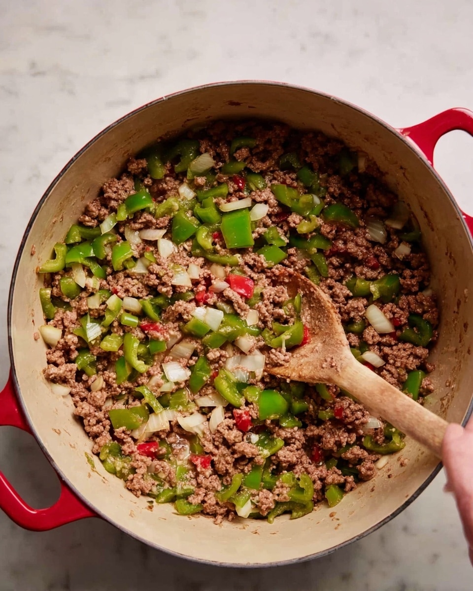 A close-up top view of a beige pot with red handles containing cooked ground beef mixed with pieces of green bell pepper and white diced onions. A woman's hand is holding a wooden spoon stirring the mixture inside the pot. The pot is placed on a white marbled surface. photo taken with an iphone --ar 4:5 --v 7
