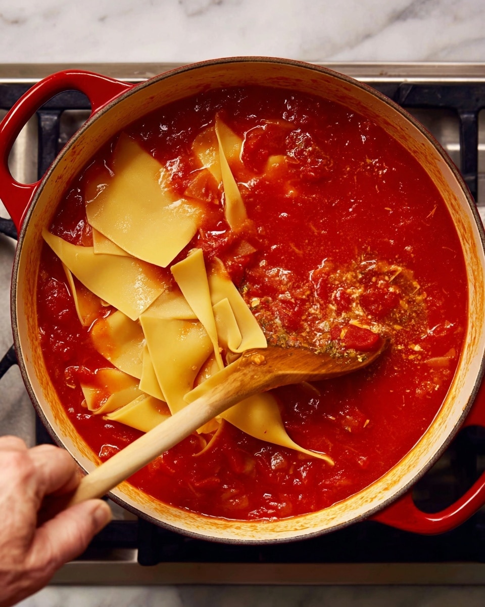 A woman's hand is holding a wooden spoon stirring a pot of red tomato sauce with flat, wide pale yellow pasta sheets partially submerged in it. The sauce looks thick and chunky with visible bits of tomatoes and herbs. The pot is round with white inside and red handles, sitting on a stove with a white marbled surface under it. The pasta sheets float mostly on the surface, some overlapping each other with smooth edges. The sauce has some shine and bubbles indicating it is cooking. Photo taken with an iphone --ar 4:5 --v 7