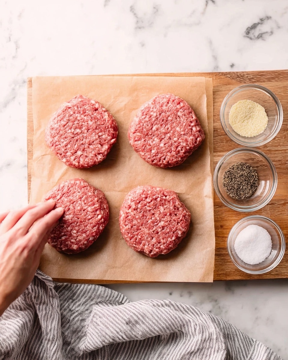 The image shows four round, pink raw meat patties arranged in a 2x2 grid on light brown parchment paper over a wooden board. To the right side of the board, there are three small clear glass bowls stacked vertically: the top bowl contains black pepper, the middle bowl has a light yellow powder, and the bottom bowl holds white salt. A woman's hand is reaching toward the bottom left patty, slightly blurred as if in motion. The scene is set on a white marbled surface, with a gray and white striped towel partly visible on the left side. Photo taken with an iphone --ar 4:5 --v 7