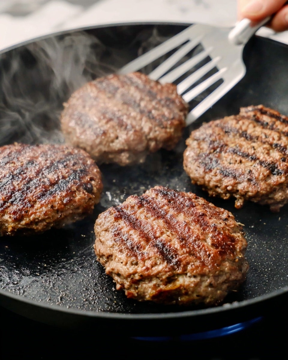 The image shows four round burger patties cooking on a black pan. Each patty has a browned, slightly crispy surface with grill marks and a mix of dark and light brown colors. They look juicy with some visible black pepper seasoning on top. A woman's hand is holding a metal spatula in the top right corner, ready to flip one of the patties. The scene has a close-up view with some steam rising, showing the patties cooking on the black pan, placed on a white marbled surface. photo taken with an iphone --ar 4:5 --v 7