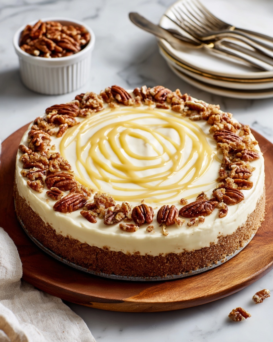 A round pie with three visible layers sits on a wooden board on a white marbled surface. The bottom layer is a thick, light brown crumb crust with a rough texture. The middle layer is creamy and white, spread evenly with a smooth look. The top layer is a glossy, light yellow syrup spread in swirled lines across the white cream, with chopped pecans scattered thickly along the edge of the pie. To the left, there is a white ramekin cup full of pecans, and in the upper right, a stack of white plates with gold rims holds four silver forks. Photo taken with an iphone --ar 4:5 --v 7