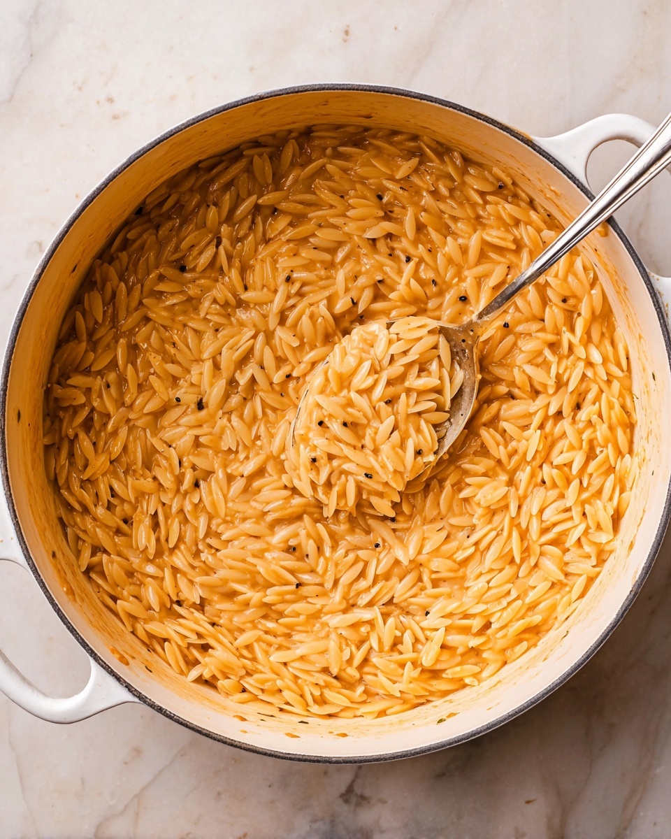 A white plate with a single layer of creamy orange-colored orzo pasta placed in a neat circular mound at the center. The pasta has a smooth, slightly shiny texture, showing some small bits of seasoning mixed in. On top, there is a moderate layer of finely grated white cheese evenly spread, with some black pepper flakes scattered around and over the cheese, adding contrast. The plate is set on a white marbled surface, with a small white scalloped dish holding crushed black pepper to the right, and a partially visible white bowl with shredded cheese and a piece of cooked food below. Photo taken with an iphone --ar 4:5 --v 7