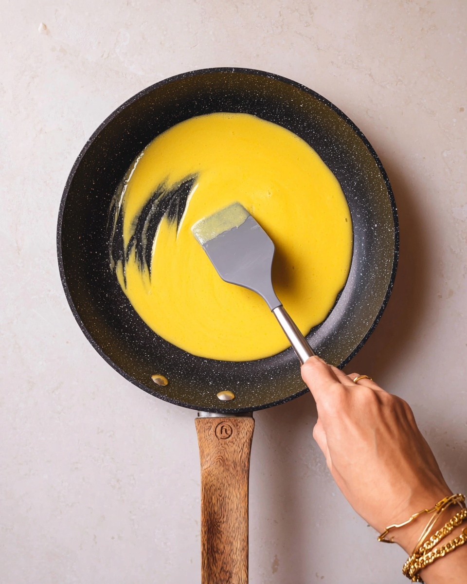 A black frying pan with a wooden handle holds a single layer of bright yellow, smooth, and slightly thick liquid being stirred with a gray spatula. A woman's hand wearing a gold bracelet grips the spatula, slightly shifting the yellow mixture to reveal parts of the pan's speckled black surface underneath. The scene is set on a white marbled surface, highlighting the warm colors and textures of the pan and mixture photo taken with an iphone --ar 4:5 --v 7