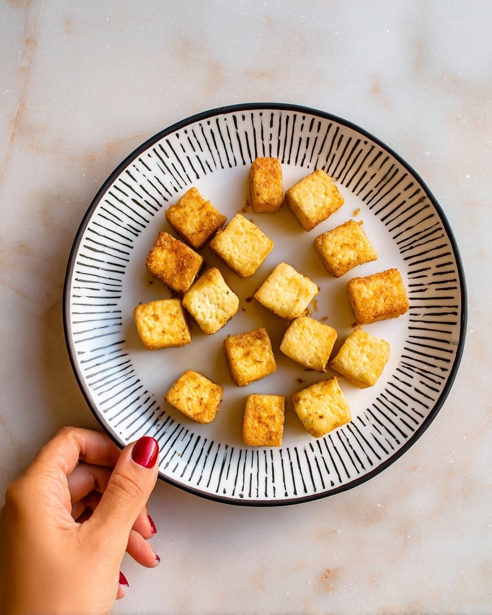 A white plate with black dash patterns near the rim holds fifteen small, golden brown cubes of crispy tofu arranged loosely in a circle with a few in the middle. The tofu cubes have a light, crunchy texture on the outside and a soft, pale yellow inside. A woman's hand with dark red nail polish is gently holding the plate from the left side. The setting surface is a white marbled texture. photo taken with an iphone --ar 4:5 --v 7