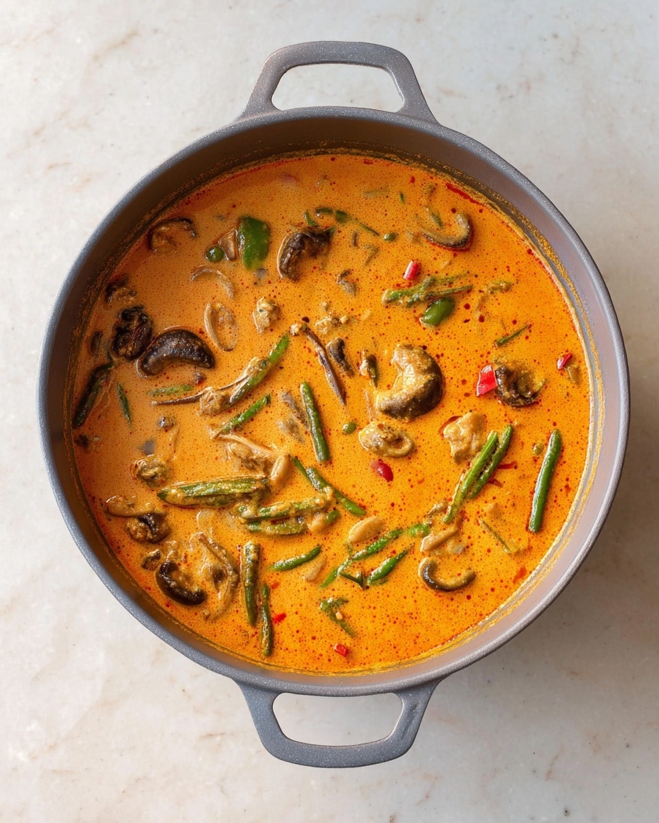 A top view of a gray pot filled with thick orange curry with a creamy texture, dotted with dark brown whole mushrooms, green vegetable pieces, and small bits of red pepper floating in the sauce, all sitting on a white marbled surface photo taken with an iphone --ar 4:5 --v 7