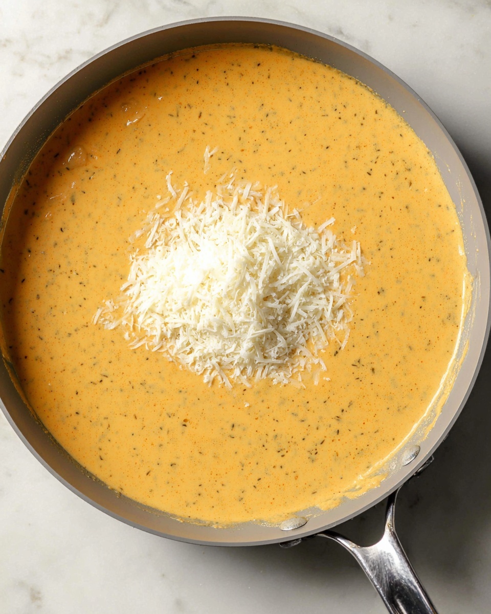 The image shows a grey pan filled with thick, creamy orange cheese sauce with small black specks throughout. In the center, there is a pile of finely grated white cheese sitting on top of the sauce. The sauce has a smooth and slightly glossy texture, with the pan placed on a white marbled surface. The pan handle is metallic and shiny, extending out of the frame on the right side. photo taken with an iphone --ar 4:5 --v 7