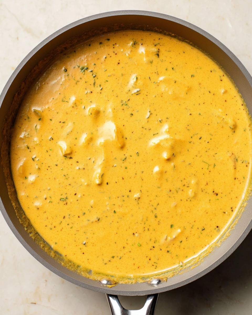 A top-down view of a pan filled with a smooth, creamy sauce of orange-yellow color with small specks of green herbs and spices scattered throughout. The sauce has a thick consistency with visible chunks beneath the surface, holding a slightly glossy texture. The pan is gray with a shiny metal handle, placed on a white marbled surface. Photo taken with an iphone --ar 4:5 --v 7