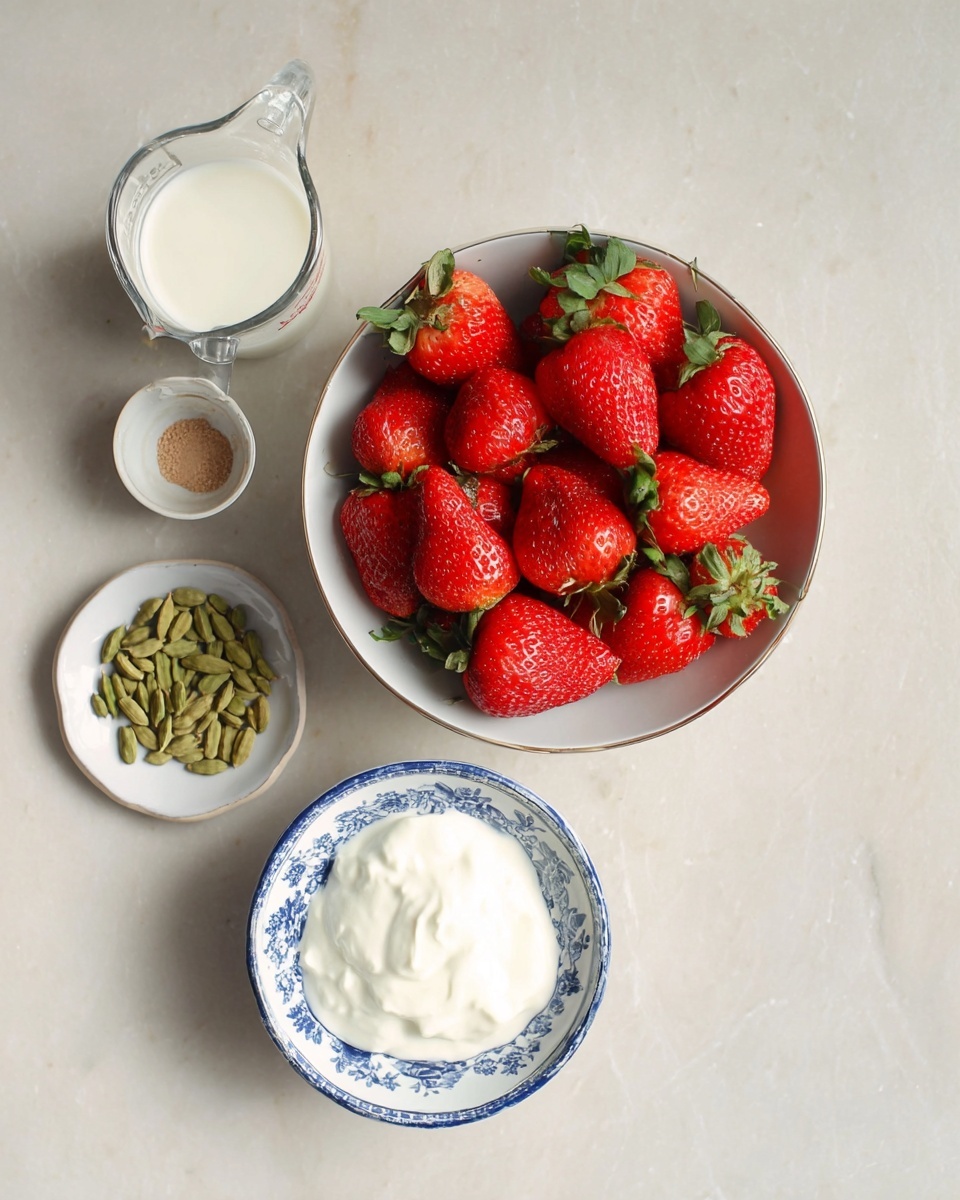 A white bowl filled with bright red strawberries with green leaves is placed on a white marbled surface. Below it, there is a white bowl with blue floral patterns containing thick white yogurt. To the left of these bowls, a small white plate holds green cardamom pods and light brown powder. Above it, there is a clear glass measuring cup with white milk inside. photo taken with an iphone --ar 4:5 --v 7