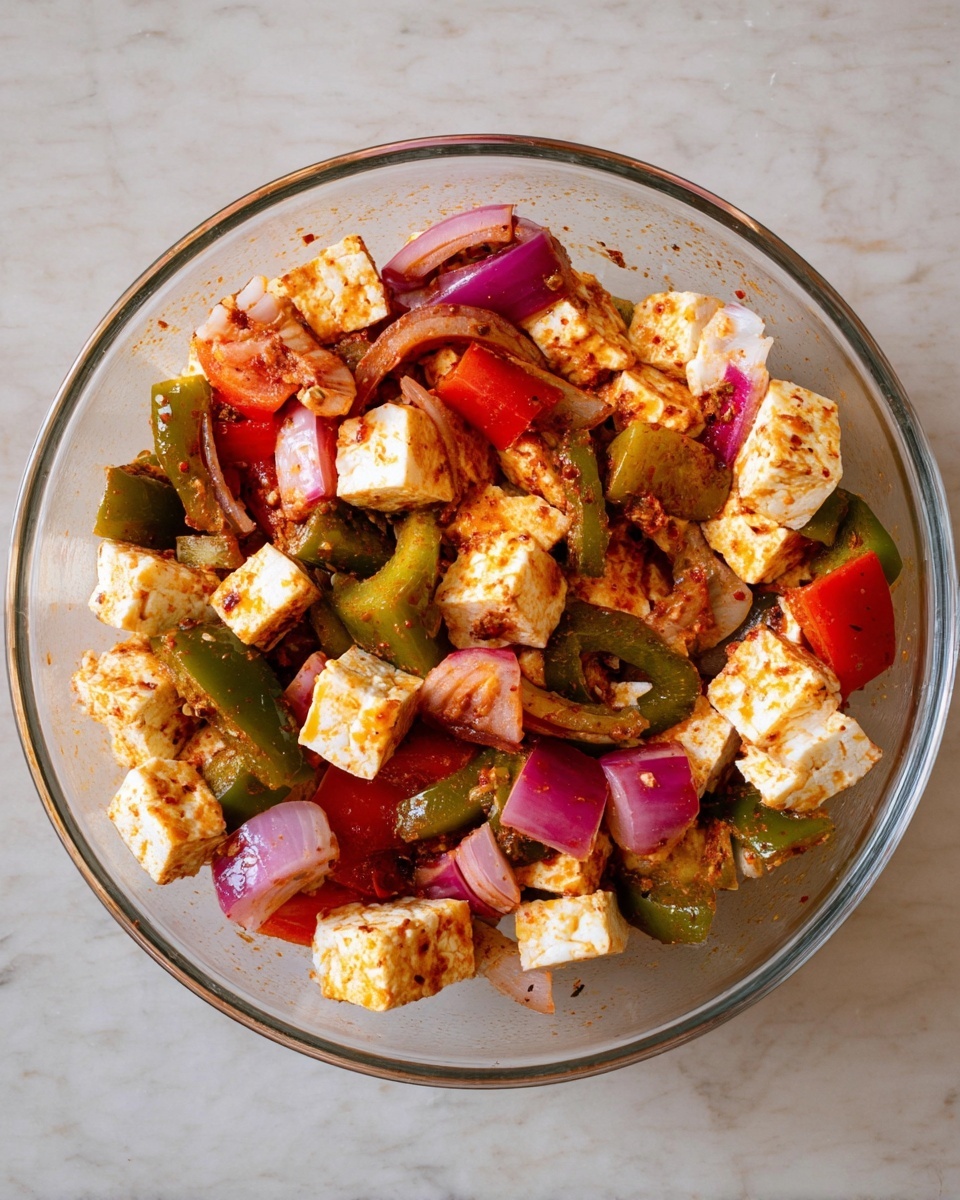 A clear round glass dish holds a colorful mix of chopped vegetables and paneer cubes. The paneer is white with a light coating of spices giving it a slight orange tint. Scattered among the paneer are pieces of red and green bell peppers, and chunks of red onion showing white insides with purple skin. The spices lightly cover all pieces, adding texture and specks of red. The dish sits on a white marbled surface. photo taken with an iphone --ar 4:5 --v 7