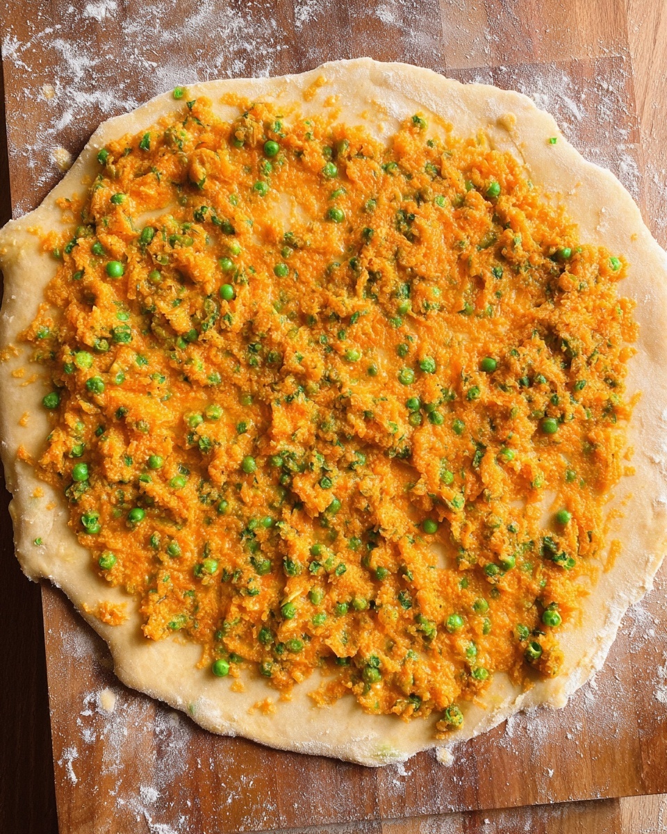 A flat round dough layer with a light beige color is laid on a wooden board with some flour dusted around the edges; spread evenly on top is a thick, chunky topping that is mostly bright orange with small green peas scattered throughout, and tiny bits of green herbs mixed in, giving the surface a textured look with varied orange and green colors all over photo taken with an iphone --ar 4:5 --v 7