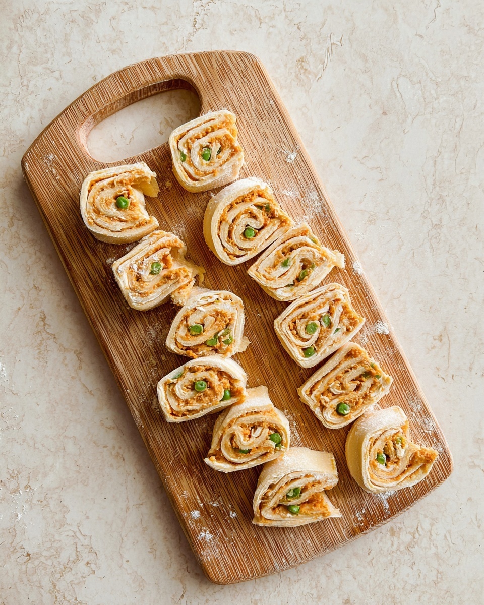 A white plate with many small round puff pastry snacks arranged in a loose pile, each snack showing golden-brown flaky layers twisted with a visible filling of spices and herbs that add darker spots and green flecks. In the center of the plate sits a small white ceramic bowl filled with a smooth, bright green sauce, its surface shiny and even. Behind the plate, a tall clear glass contains a light brown creamy drink, all placed on a white marbled surface. photo taken with an iphone --ar 4:5 --v 7