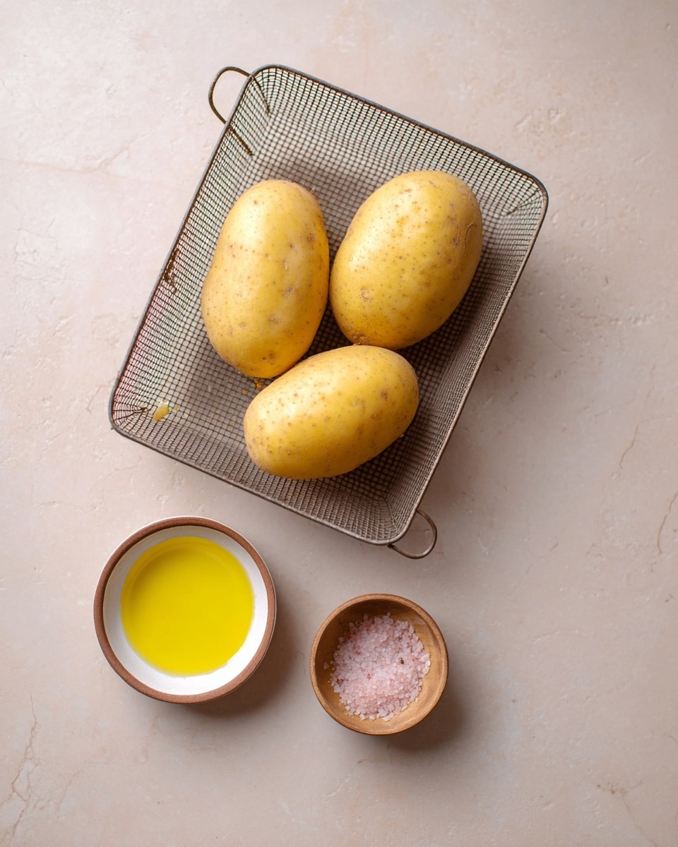Three large yellow potatoes with a smooth surface sit in a metal mesh tray placed on a white marbled surface. Below the tray, there is a small white bowl with a brown rim filled with bright yellow oil, and next to it, a smaller wooden bowl containing fine pink salt. The scene has soft natural lighting and a simple, clean look. photo taken with an iphone --ar 4:5 --v 7