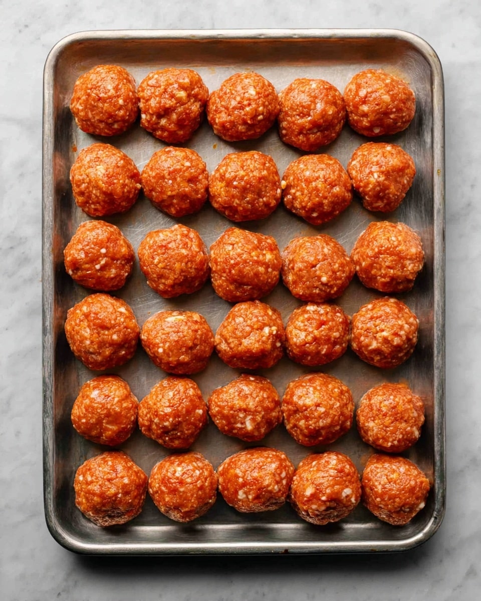 The image shows a metal baking tray filled with 28 raw meatballs arranged in four rows, each meatball rounded and having a reddish-orange color with small bits of white and darker orange visible in the texture. The tray sits on a white marbled surface, and the meatballs have a moist, slightly shiny look that reflects their raw state. photo taken with an iphone --ar 4:5 --v 7