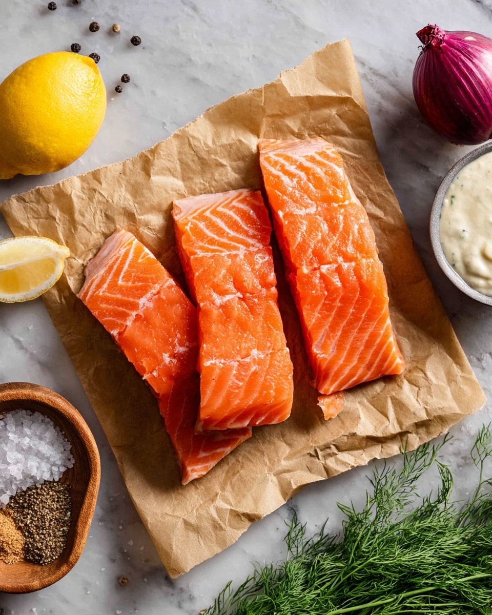 Four pieces of raw salmon fillets with bright orange color and smooth texture are placed in a row on a baking tray. Each fillet has one thick layer of creamy white sauce spread on top, filled with green herbs and small bits of purple onion. Around the fillets, there are sprinkles of coarse salt and ground black pepper on the surface. The background is a white marbled texture. photo taken with an iphone --ar 4:5 --v 7