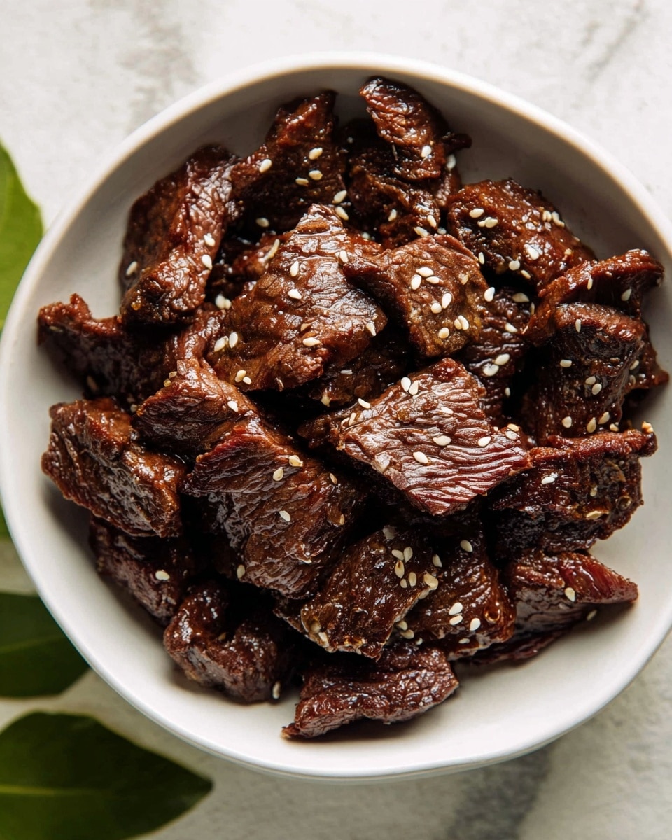 A clear glass bowl filled with slices of raw red meat soaked in a dark brown marinade with visible bits of garlic and spices. The meat pieces vary in size and are tightly arranged in the center of the bowl, covered evenly with the thick sauce. The bowl is placed on a white marbled surface, and some marinade splashes dot the inside sides of the bowl. Photo taken with an iphone --ar 4:5 --v 7