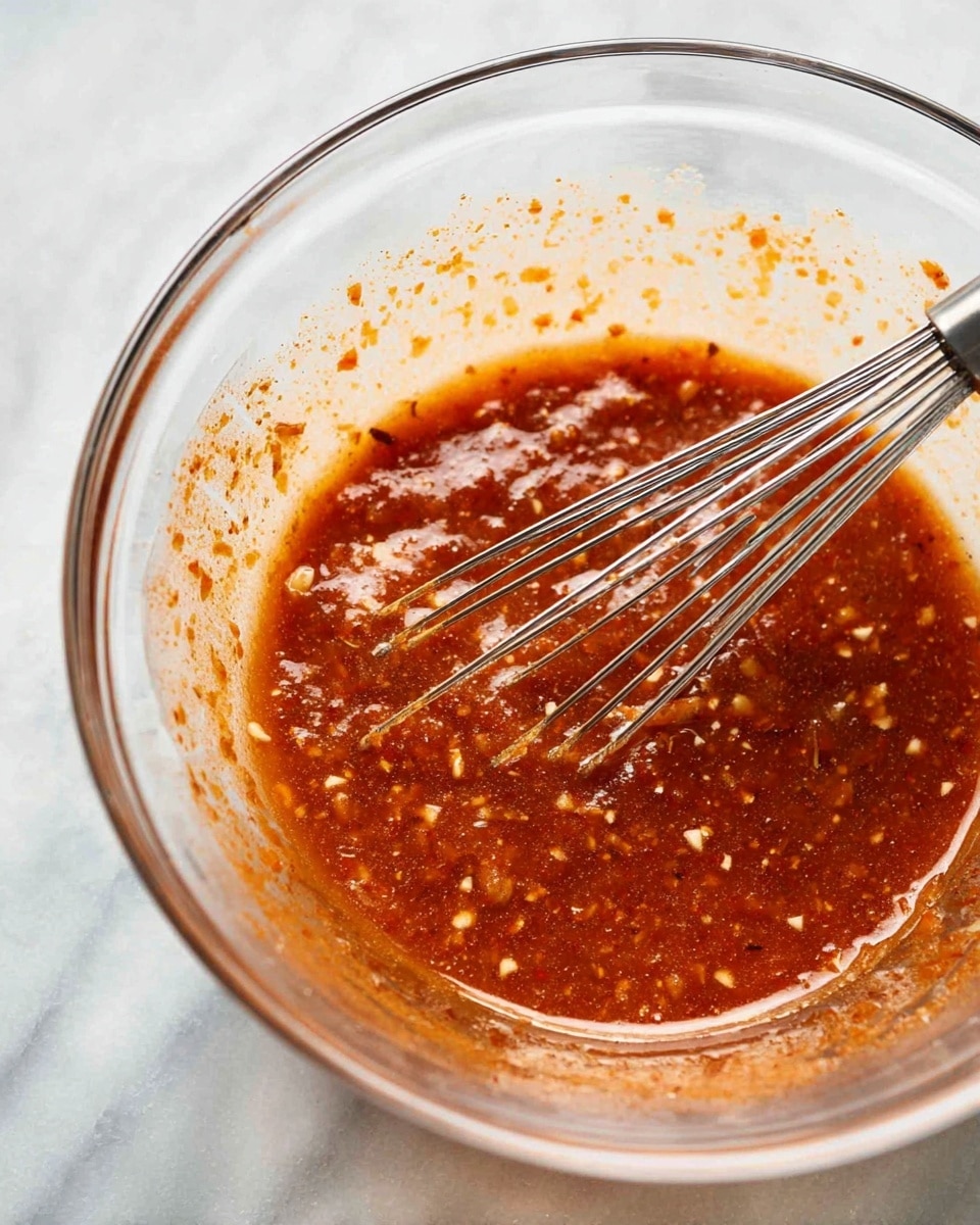 A clear glass bowl holds a thick reddish-brown sauce with visible small bits of garlic and spices, giving it a textured and slightly chunky look. A silver whisk rests in the sauce, showing some shine and slender wire details, partially stirring the mixture. The bowl sits on a white marbled surface that adds a clean and bright background contrast to the vibrant sauce. There are some splashes of sauce on the inner sides of the bowl, giving a casual, freshly made feel. photo taken with an iphone --ar 4:5 --v 7