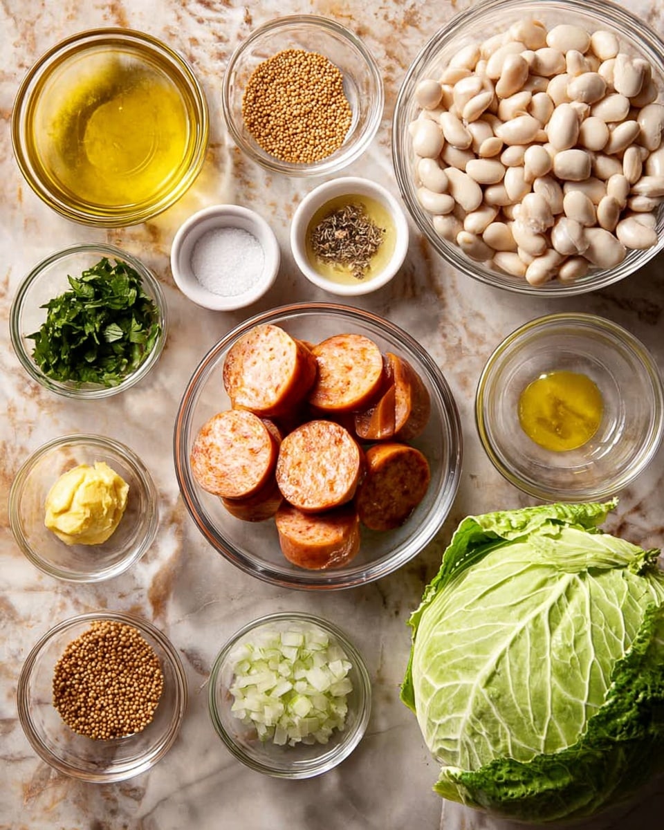 The image shows a top view of several small clear glass bowls and two small white ceramic bowls arranged on a surface with a white marbled texture. The largest clear glass bowl in the center holds thick slices of sausage with an orange-brown skin and light pink inside. To the right of this bowl is another clear glass bowl filled with white beans. To the far right, a whole green cabbage with shiny leaves sits on the marbled surface. Around these main bowls are smaller clear bowls and white ceramic bowls containing various ingredients: one bowl with whole grain mustard seeds, a bowl with light yellow olive oil, a bowl with a pale golden liquid, a bowl with chopped shallots, chopped green herbs, a yellow dollop of mustard, and small white bowls containing white salt and black pepper. The layout is neat and shows the ingredients separately before cooking. Photo taken with an iphone --ar 4:5 --v 7