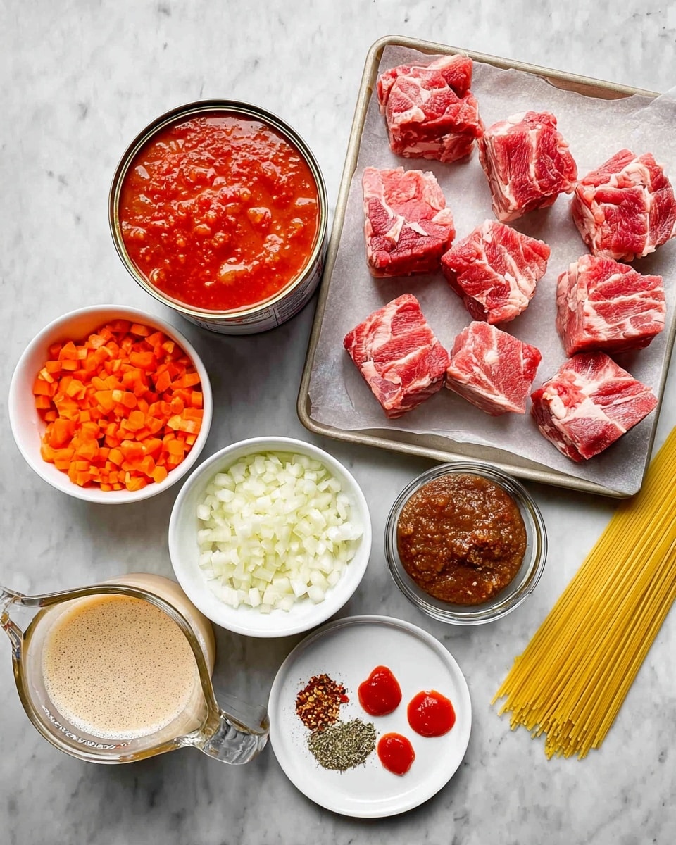 The image shows ingredients for a meal arranged on a white marbled surface. In the top right, eight raw meat pieces with red and white marbling sit on a baking sheet lined with parchment paper. Below the meat, there is a large open can of chunky red tomato sauce next to a smaller open can of similar sauce. To the right of the cans is a small clear glass bowl holding a dark brown paste and a few dollops of red paste. On the left side, three white bowls contain ingredients: the largest bowl has finely chopped orange carrots, the medium bowl has chopped white onions, and the smallest bowl holds minced garlic. Below the bowls, a round white dish has a mix of dried spices, including red flakes and green herbs. To the bottom left, a glass measuring cup holds a foamy pale tan liquid. Above all items, some uncooked uncooked yellow pasta strands lay flat. The overall setup is clean and well-organized. Photo taken with an iphone --ar 4:5 --v 7