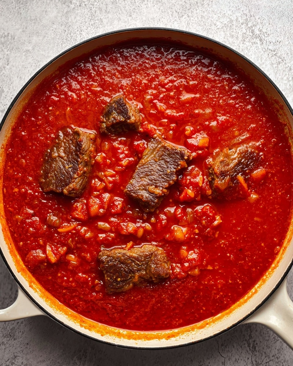 A close-up image of a plate filled with thick, flat pasta noodles mixed with rich, dark reddish-brown meat sauce. The sauce clings to the pasta, giving it a glossy look, and there are visible chunks of shredded meat intertwined among the noodles. The noodles are piled in a loose, circular mound on a white plate with delicate golden leaf patterns around the inner edge. A fork rests on the right side of the plate, partly inserted into the pasta. The plate sits on a surface with a white marbled texture. photo taken with an iphone --ar 4:5 --v 7