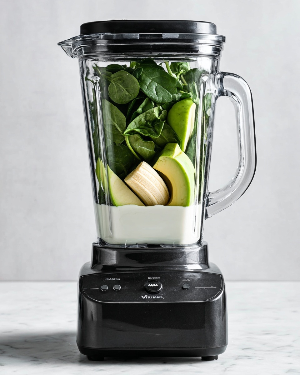 A black Vitamix blender is filled with layers of ingredients, placed on a white marbled surface. The bottom layer is white liquid, likely milk or yogurt. Above it, there are bright green spinach leaves covering much of the middle area. On top of the greens, there are green apple slices with smooth skin, cut into wedges floating in the middle layer. Above the apples, a peeled yellow banana is visible on the right side, and next to it on the left, a curved green avocado piece with smooth texture rests near the top. The blender jar is clear and glossy, showing all the fresh ingredients inside. The photo is taken with an iphone --ar 4:5 --v 7