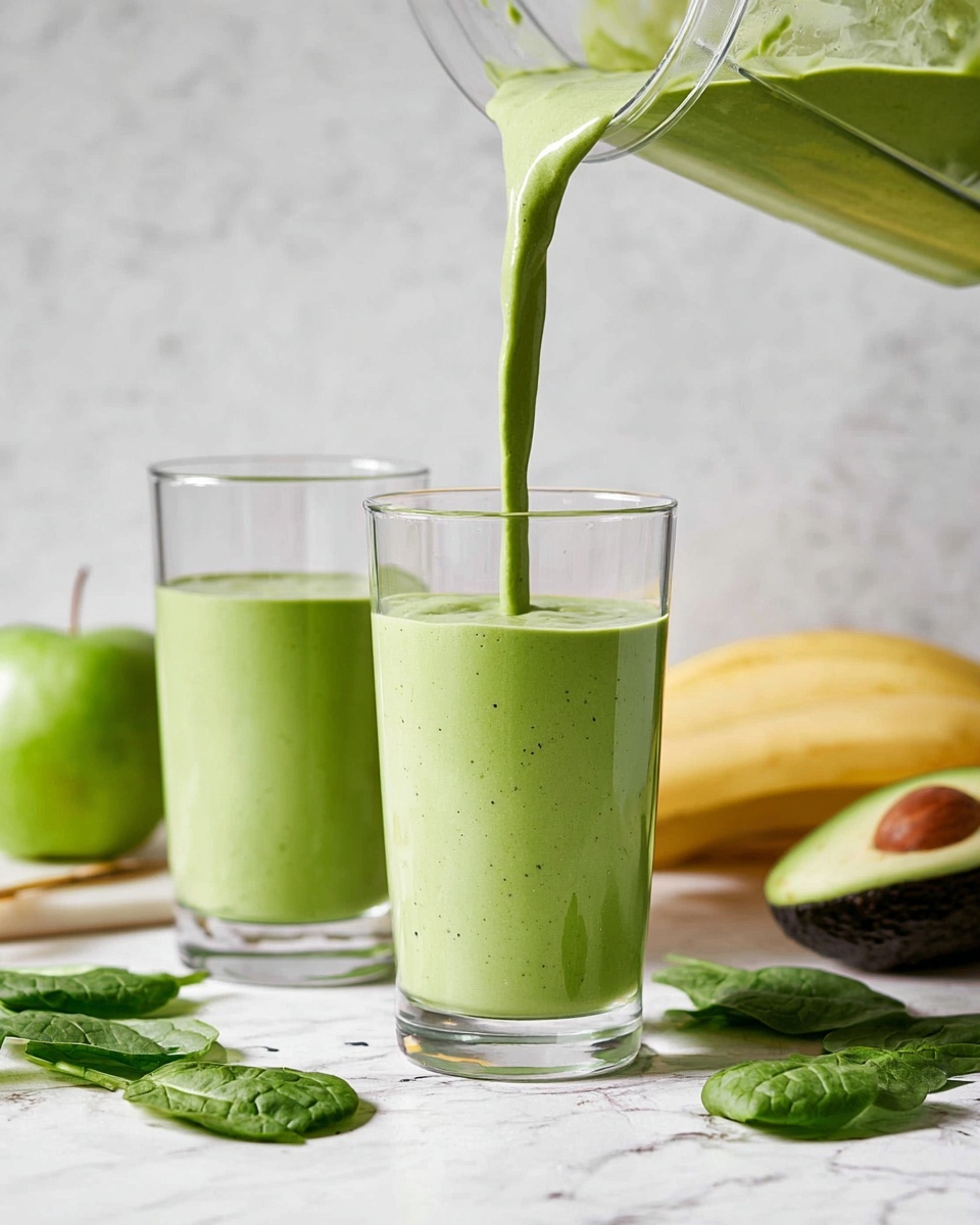 A thick green smoothie with a creamy texture is being poured from a clear blender into a clear glass, filling it almost to the top. Behind it, there is a second glass already filled with the same green smoothie. The smoothie is a smooth light green color with tiny specks. The scene includes fresh spinach leaves on the white marbled surface in the foreground, a white marbled background, a green apple cut in half, a bunch of bananas, and a halved avocado positioned around the glasses. Photo taken with an iphone --ar 4:5 --v 7