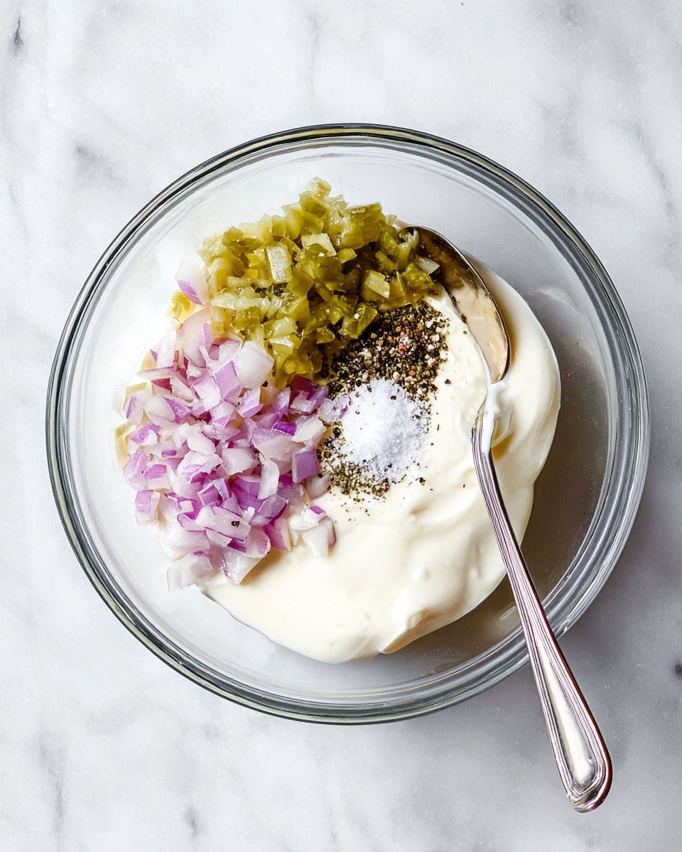 A clear glass bowl placed on a white marbled surface shows a mix of ingredients layered separately inside. On the right side, there is a thick white creamy layer with a smooth texture. On the top left, a small pile of finely chopped light purple and white onions sits next to a chunk of chopped green pickles placed at the bottom left. In the middle of the bowl, a small pile of coarse black pepper grains and a pinch of white salt rest on top of the creamy layer. A silver spoon is lying next to the bowl on the right side. Photo taken with an iphone --ar 4:5 --v 7