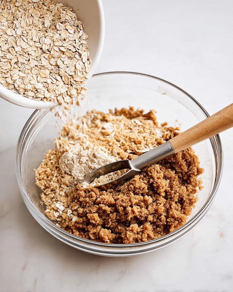 A white baking dish filled with a peach crumble dessert, showing three scoops of vanilla ice cream melting over a golden, textured oat and brown sugar crumb topping. Underneath, soft peach slices with a warm orange and yellow hue peek through. A silver spoon is scooping a portion from the bottom right corner, revealing more juicy peach pieces and syrup at the base. The dish is placed on a white marbled surface with a striped white and black kitchen towel under one handle. Nearby, a white plate with an ice cream scoop, and two glasses of water with lemon slices are visible. photo taken with an iphone --ar 4:5 --v 7