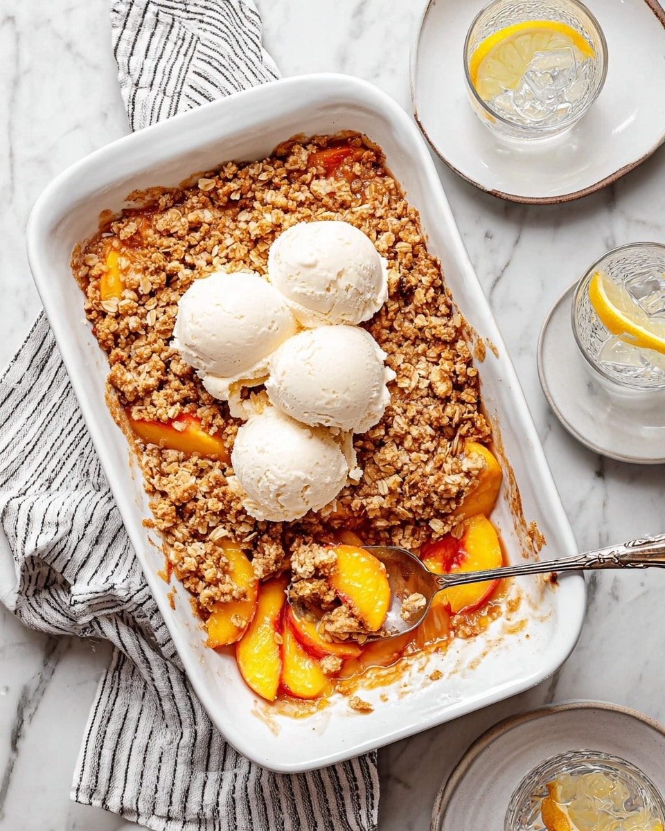 Three white bowls on a white marbled surface each contain a peach crumble dessert with three main layers. The bottom layer shows soft, orange peach slices with red tints, partially covered by a golden brown crumbly oat topping that looks crispy with a rough texture. On top of this is a scoop of smooth white ice cream, slightly melting around the edges. Two bowls have silver spoons with long handles resting inside, and a striped white cloth is partly visible near the bottom right bowl. Photo taken with an iphone --ar 4:5 --v 7