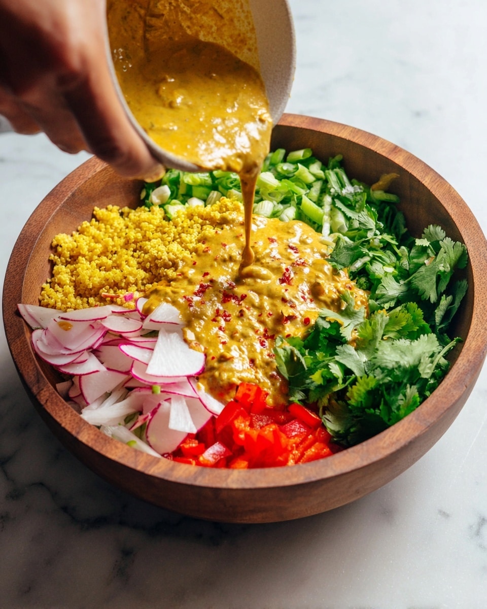 A wooden bowl holds multiple colorful layers of food arranged in sections: golden-yellow grains on the left back half, fresh green chopped scallions on the front left, thinly sliced white radishes with pink edges in the front center, bright red chopped bell peppers on the front right, and fresh green cilantro leaves on the right back. A woman's hand is pouring a thick, creamy, golden-yellow sauce with red bits over the grains in the center. The bowl is set on a white marbled surface. photo taken with an iphone --ar 4:5 --v 7