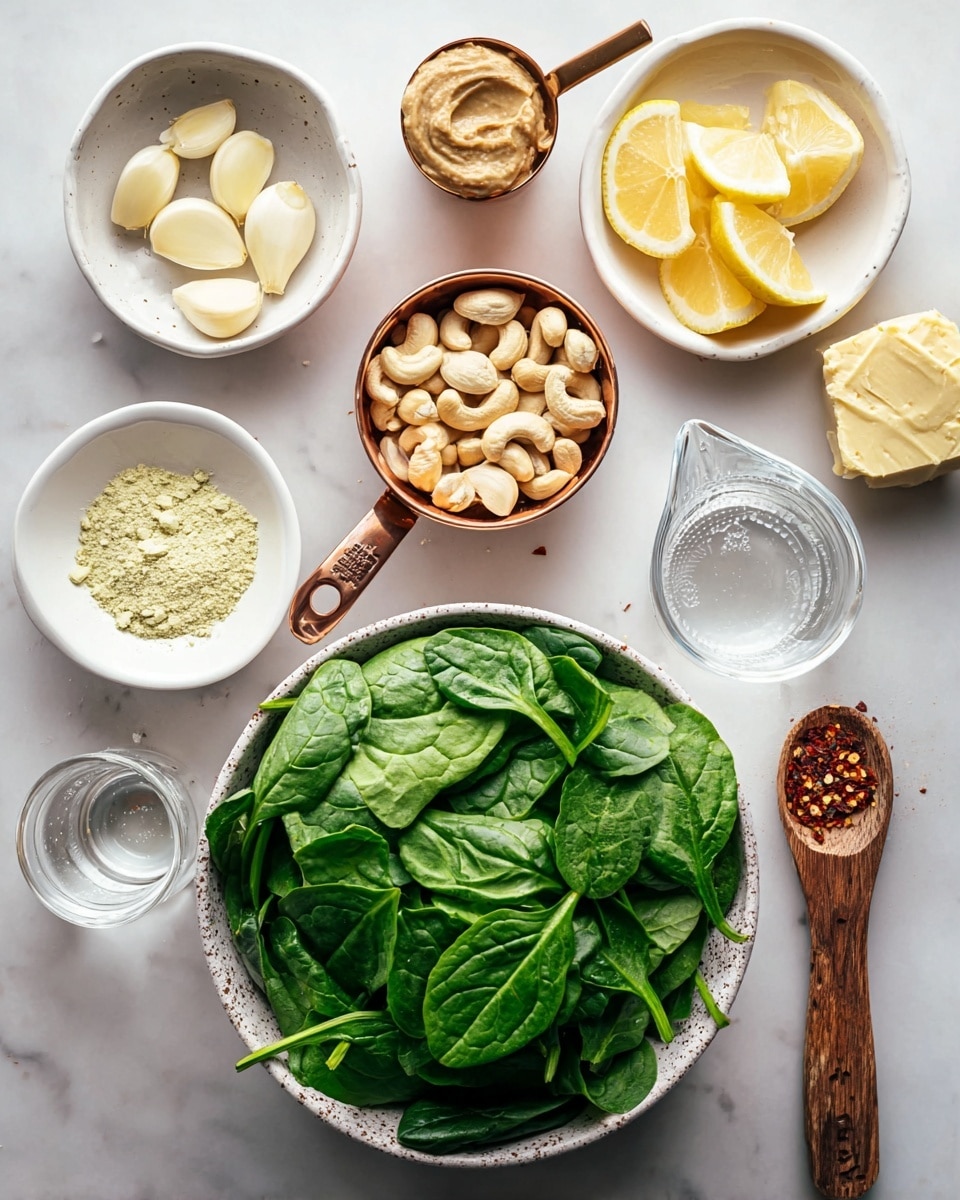 The image shows a white speckled bowl filled with fresh green spinach leaves at the bottom right. Around it are various small white bowls and containers on a white marbled surface. At the top left, a round white bowl holds four pale garlic cloves. To its right, a small round white bowl contains three yellow lemon wedges. A small round white dish holds a light brown paste near the top right. Below the garlic, a copper measuring cup is filled with cashew nuts, with some nuts scattered around. A round white bowl below the cashews contains a pale yellow powder. Next to it, a small white bowl holds a chunk of pale yellow butter. At the bottom center, a clear measuring cup with a wooden handle holds water. At the top right, a wooden spoon with crushed red pepper flakes rests on the surface. Photo taken with an iphone --ar 4:5 --v 7