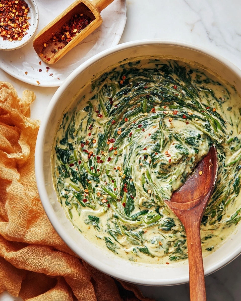 A large round white bowl filled with creamy spinach dip showing two layers: the base is a smooth, pale yellow sauce mixed evenly with bright green spinach leaves, some wilted and folded, creating a textured look with occasional small red chili flakes spread on top and inside the mixture. A wooden spoon with a rich brown color is partially dipped into the dip on the right side, stirring it gently with some sauce clinging to the spoon. The bowl sits on a soft, crumpled orange fabric on a white marbled surface, with a small white plate holding a wooden scoop on the left side containing red pepper flakes and another bowl partially visible with toasted light brown slices. Photo taken with an iphone --ar 4:5 --v 7