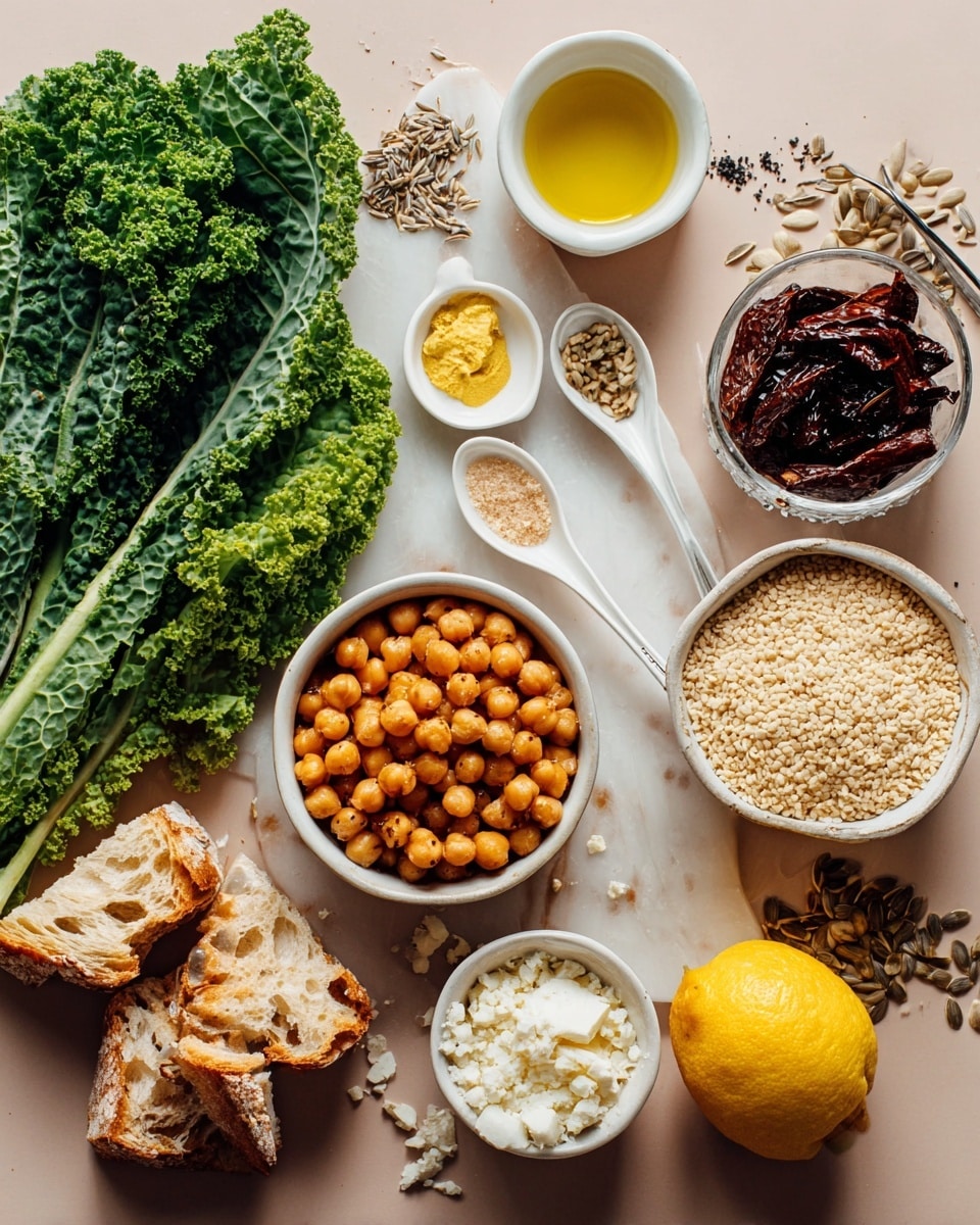 The image shows a flat lay of various fresh and cooked food ingredients on a white marbled surface. On the left, there are bright green kale leaves with visible water droplets. Below the kale, there are pieces of torn bread with a golden crust. In the middle, there are three small white spoons holding white powder, yellow mustard, and black pepper. To the right, there is a halved lemon with visible seeds, a white bowl filled with sunflower seeds, a small bowl with golden olive oil, and another white bowl with white crumbled cheese. Two larger bowls are also present: one filled with cooked light beige quinoa and the other with round orange chickpeas. Above the chickpeas, there's a white bowl with dark red sun-dried tomatoes. The arrangement is neat and colorful, with natural lighting enhancing the textures. Photo taken with an iphone --ar 4:5 --v 7