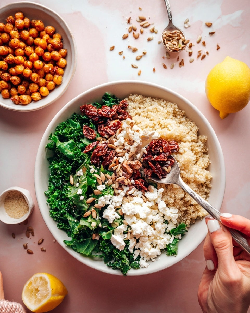 A white bowl contains a colorful layered salad with four sections: bright green kale on the left, topped with a silver fork held by a woman's hand; white crumbled cheese placed over part of the kale; light tan quinoa filling the right side; and dark red chopped sun-dried tomatoes sprinkled with light brown sunflower seeds above the quinoa. The bowl sits on a soft pink surface with a white marbled texture, and a woman's hand holds a spoon scooping from the sun-dried tomato section. Around the bowl, there is a small white bowl filled with golden roasted chickpeas on the left, a white spoon with cracked pepper near the top, a yellow lemon half on the right, and scattered roasted chickpeas and crumbs. Photo taken with an iphone --ar 4:5 --v 7