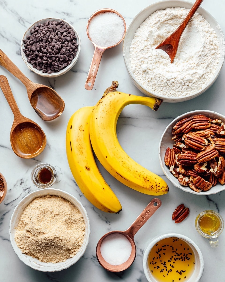 The image shows a top-down view of various baking ingredients arranged on a white marbled surface. In the center are two bright yellow bananas, one peeled halfway down to reveal its light cream inside. Around them, several white dishes hold different ingredients: a bowl with fine white flour mixed with a wooden spoon on the right, a small bowl with beige almond flour at the bottom, and another bowl with dark chocolate chips on the left. At the top right, a white bowl contains deep brown pecan nuts, with some pecans scattered nearby. There are also wooden and copper measuring spoons filled with white sugar and coarse salt, a small white spoon with honey, a small glass jar of clear liquid, and a white cup holding golden syrup with black specks visible on its surface. Photo taken with an iphone --ar 4:5 --v 7