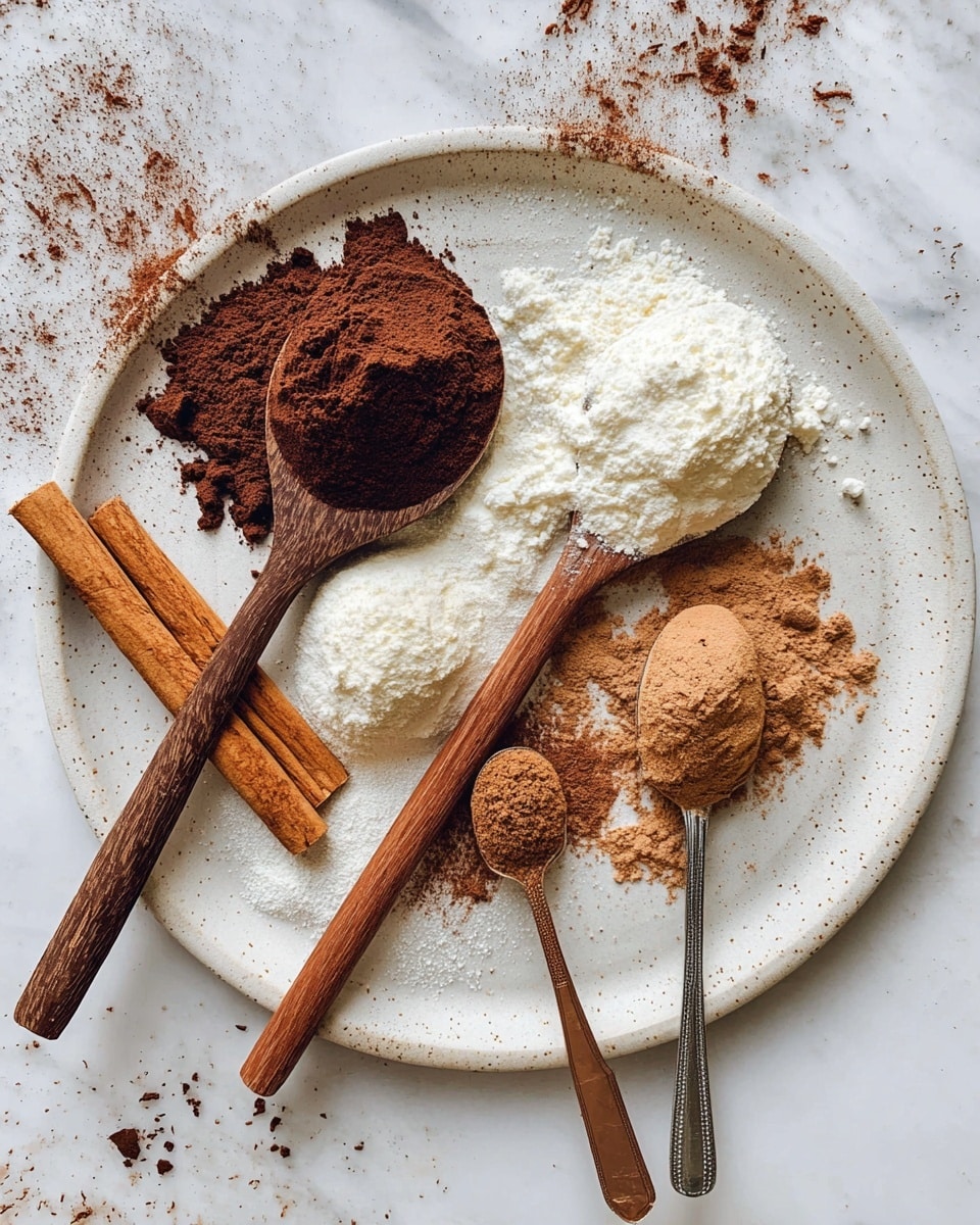 A white speckled plate with four different powders arranged on and around wooden and metal spoons: a dark brown cocoa-like powder on a large wooden spoon on the top left, a white powder on a large wooden spoon on the right side, a light brown powder in a wooden spoon placed near the bottom edge, and a medium brown powder on a small metal spoon near the bottom left. There are also two cinnamon sticks on the left side of the plate. The plate is placed on a white marbled surface with some scattered powder around the spoons photo taken with an iphone --ar 4:5 --v 7