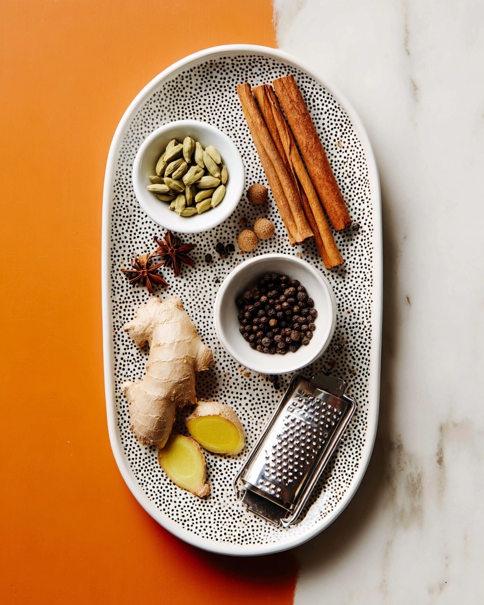 An oval white plate with a top half covered in black dots on a white marbled surface holds several spices arranged neatly: three brown cinnamon sticks at the top right, a small white round bowl with green cardamom pods and brown cloves to the left of the cinnamon, a smaller white irregular bowl filled with black peppercorns to the right, a piece of fresh light brown ginger with a small yellow sliced section near the bottom left, a small metal grater positioned diagonally at the bottom right, and two small round nutmeg pieces near the grater. Photo taken with an iphone --ar 4:5 --v 7