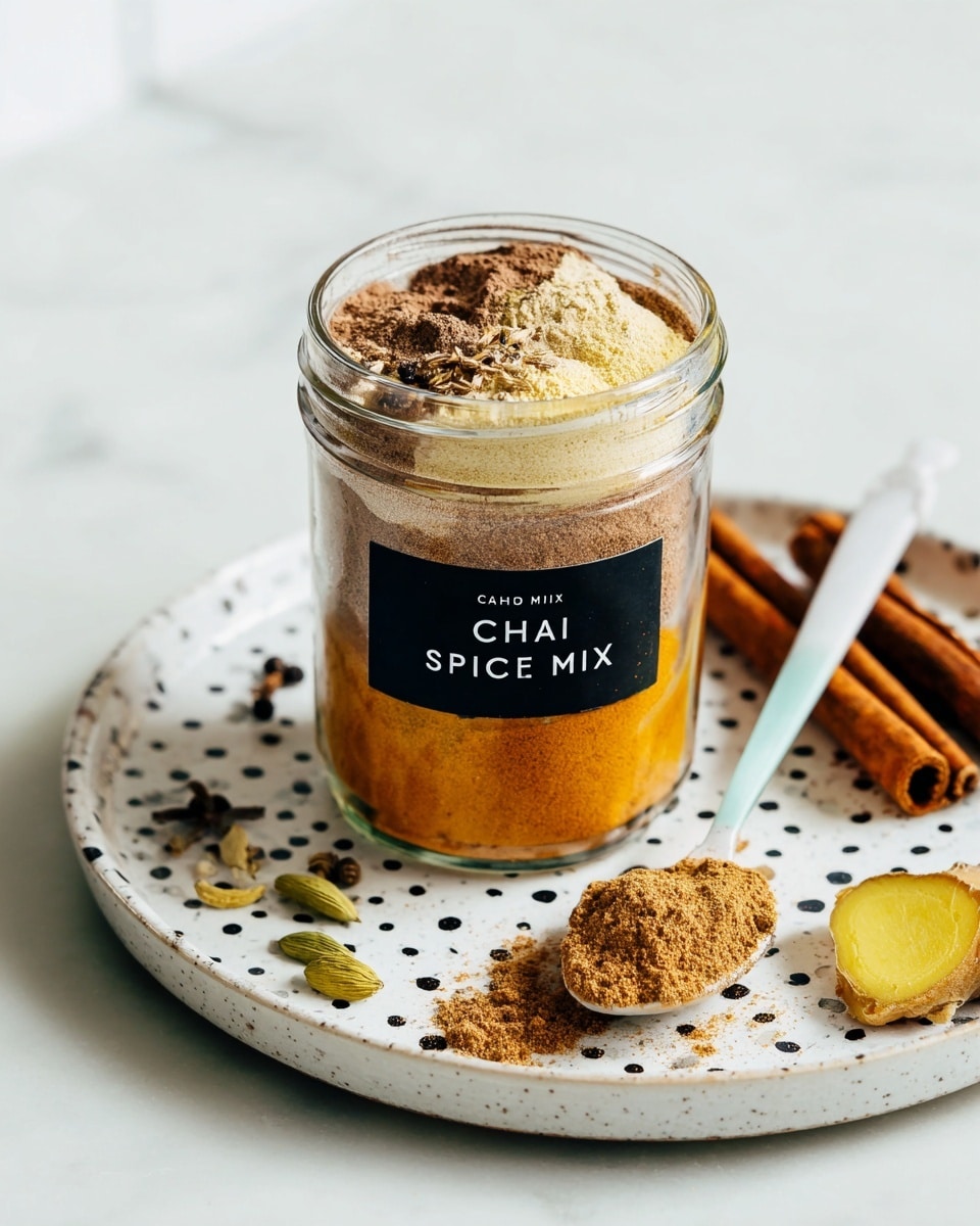 Two clear glass mugs sit on a white plate with a slight lip, placed on a white marbled surface. Each mug holds a warm light brown drink topped with a thick layer of white foam sprinkled with a little cinnamon or spice. On the plate are a few small green cardamom pods, and next to the plate on the surface is a cinnamon stick. Behind the plate is a small clear glass jar filled with orange spice powder and labeled with black tape. A turquoise cloth napkin peeks out from under the plate. The background is a clean white tiled wall. photo taken with an iphone --ar 4:5 --v 7