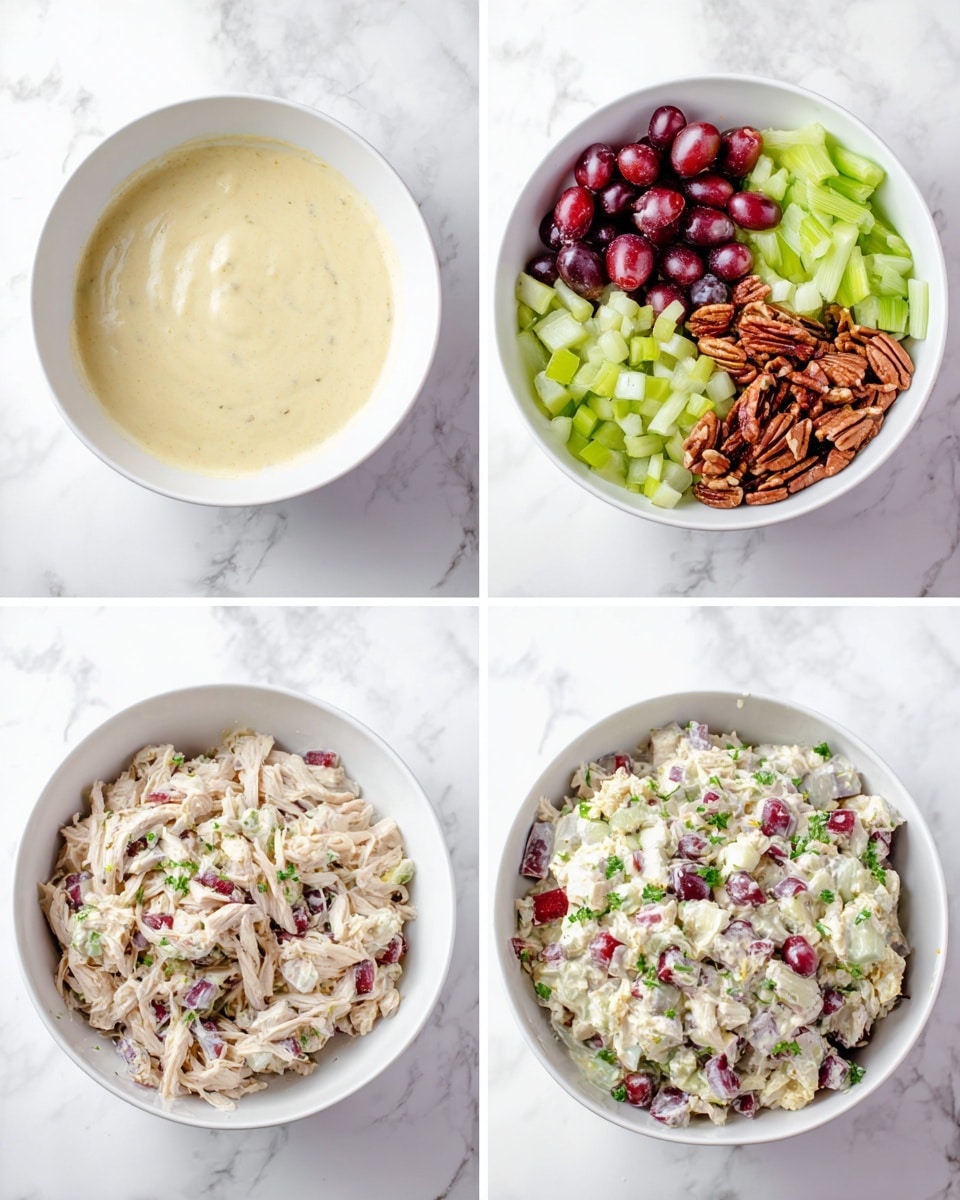 A sandwich with two soft, light brown buns filled with a creamy chicken mixture that has pieces of celery and red grapes cut in halves, sprinkled with green herbs. The sandwich is placed on a white plate, and a woman's hand is gently holding the top bun. The background and surface beneath the plate have a white marbled texture, adding a clean and bright look to the image. Photo taken with an iphone --ar 4:5 --v 7