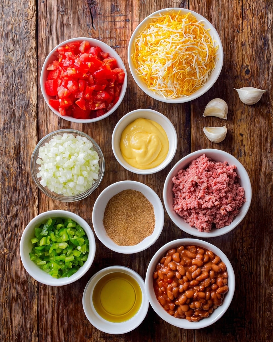 A top view of nine white bowls arranged in a roughly circular pattern on a wooden surface. The bowls hold different ingredients: one has bright red chopped tomatoes with some juice, one contains a mix of yellow and white shredded cheese with a soft texture, another has smooth yellow creamy sauce, a small bowl holds finely chopped white onions, another bowl is filled with ground meat showing a pinkish texture, one bowl contains chopped green bell peppers, another has brownish powdered seasoning, one has golden oil with a shiny surface, and the last bowl shows cooked pinto beans in a reddish sauce. Two garlic cloves are placed beside the bowls. photo taken with an iphone --ar 4:5 --v 7