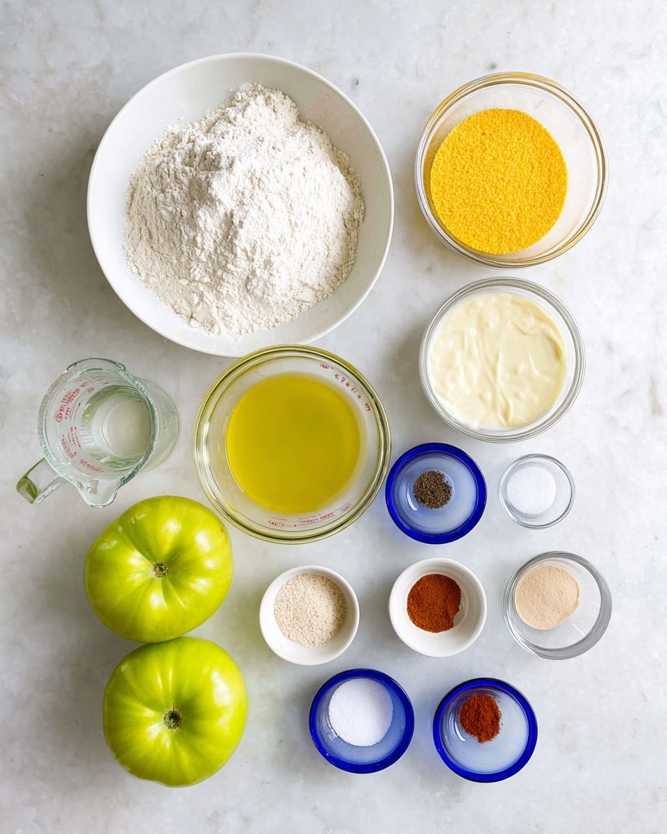The image shows various ingredients neatly arranged on a white marbled surface. At the top left, there is a large white bowl filled with white flour, followed by a clear glass bowl with bright yellow cornmeal to its right. Next to the cornmeal is a small clear bowl with a creamy white sauce. Below the cornmeal, a smaller white bowl holds a beaten yellow liquid with a few darker spots on top. Below the flour bowl, there is a clear glass bowl with a light yellow oil. To the right of the oil are three small bowls in a row: the first is white with a dark brown spice, the second is white with a red spice, and the third is white with black pepper. Underneath those, three small blue glass bowls in a row contain salt, a light brown powder, and a beige powder. To the left of these bowls is a clear glass measuring cup with white buttermilk. At the bottom, three large green tomatoes with smooth surfaces are placed side by side. The composition is clean and well-lit, with a focus on the colors and textures of the ingredients. photo taken with an iphone --ar 4:5 --v 7