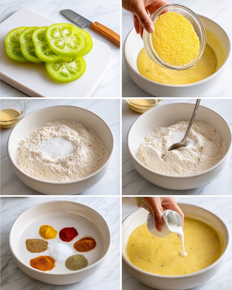 A collage of six images shows the steps to make a batter with green tomato slices. The first image shows three thick green tomato slices on a white cutting board next to a wooden-handled knife. The second image shows a woman's hand pouring bright yellow cornmeal from a small clear bowl into a larger white bowl of white flour. The third image shows the flour and cornmeal mixed with a spoon in the white bowl. The fourth image shows a white bowl with several colorful spices - white, black, yellow, and red powders - with a small pitcher pouring a white liquid over them. The fifth image shows a thick yellow batter in a white bowl with a spoon resting in it, its texture slightly bubbly. The sixth image shows a woman's hand dipping one of the green tomato slices into the yellow batter in the white bowl. All images have a white marbled surface background. Photo taken with an iphone --ar 4:5 --v 7