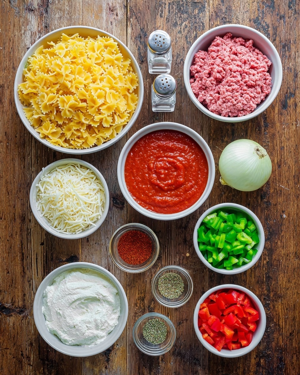 The image shows an overhead view of nine white bowls and one white onion arranged neatly on a rustic wooden surface. Starting from the top left, a large bowl filled with uncooked yellow farfalle pasta sits next to a bowl of raw, pink ground meat to the right. Above the bowl of meat are two crystal clear salt and pepper shakers. Below the pasta is a whole white onion, and next to it, a medium bowl holds chopped green bell peppers. To the right of this are two bowls stacked vertically: the top one contains bright red tomato sauce with a smooth texture, and below it is a bowl of finely shredded white cheese. Centrally placed below the green peppers is a bowl with chopped red bell peppers. On the left side below the onion, three small bowls hold red chili flakes, a pale yellow powder, and dried mixed herbs in descending order. At the very bottom left, a medium bowl contains thick, white ricotta cheese. The whole setup rests on a rustic wooden table, but the background is changed to a white marbled texture in the final image. photo taken with an iphone --ar 4:5 --v 7