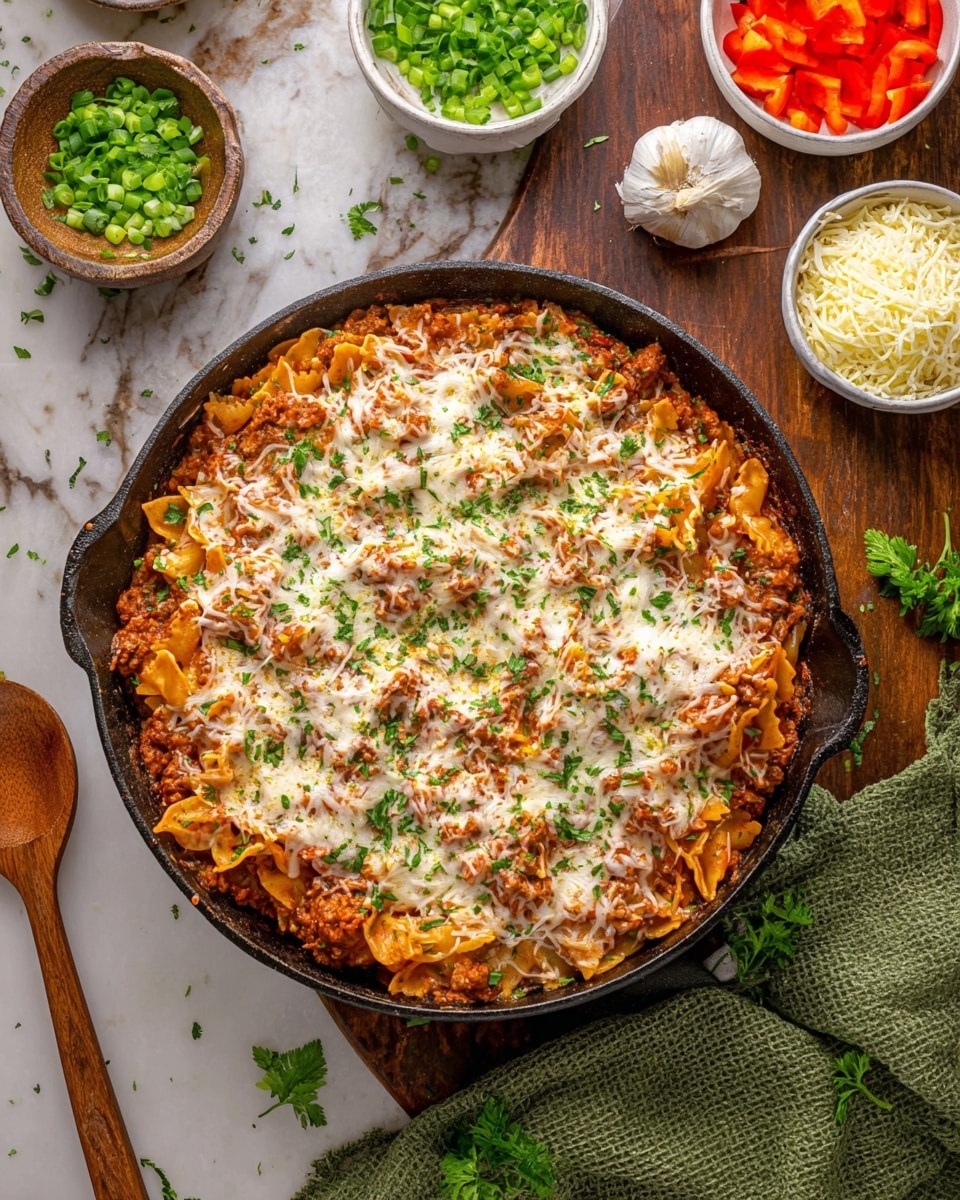 The image shows a white plate filled with a layered pasta dish. The bottom layer has bowtie pasta covered in a rich, creamy orange-red sauce mixed with browned ground meat and small pieces of vegetables like mushrooms. The top layer has melted cheese and a sprinkling of grated Parmesan with fresh chopped parsley scattered on top. A metal fork rests on the right side of the plate. There is a green textured cloth below the plate and a white marbled surface in the background. Photo taken with an iphone --ar 4:5 --v 7