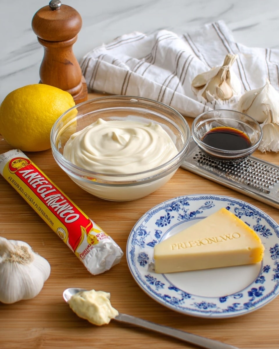 A clear glass bowl filled with a thick, smooth white creamy sauce is placed in the center on a wooden surface with a white striped cloth in the back. To the left of the bowl is a whole yellow lemon and a tube of anchovy paste with red and yellow packaging. In front of the bowl, there is a small metal measuring spoon with a dollop of pale yellow paste, and next to it, a small clear glass bowl containing dark soy-like liquid. To the right, on a white plate with blue floral designs sits a wedge of pale yellow cheese with the word